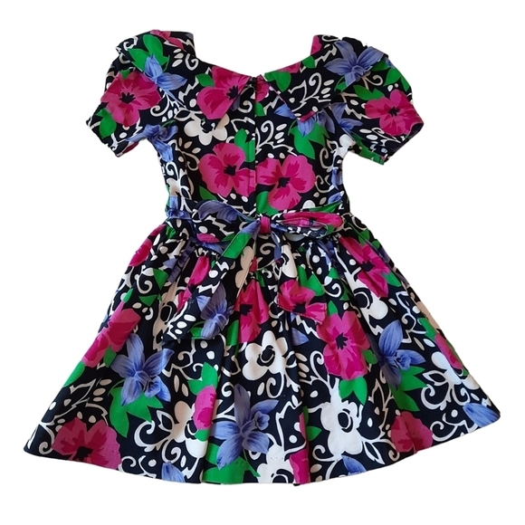 VINTAGE 90s Dress size 6X Bright Floral Cotton Full Skirt Padded Shoulders - Picture 5 of 8